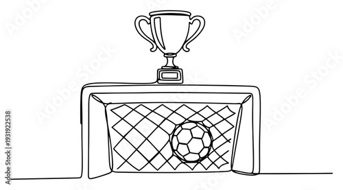 Soccer goal with ball in net and championship trophy in one line drawing
