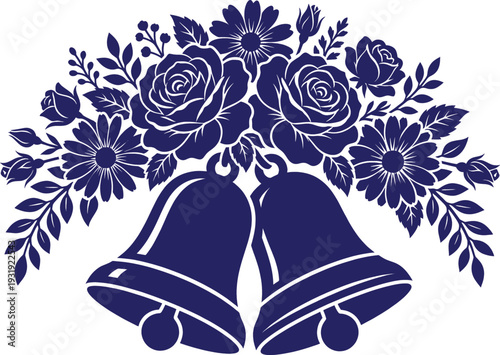 Wedding bells with floral bouquet on white background