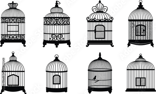 Decorative vintage birdcage silhouettes vector set, ornate antique cages with intricate scrollwork and domed tops, elegant Victorian style illustration collection