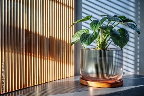 Green palm with reeded glass. White Reeded Glass. Ribbed Background. Plant leaves. Minimal wood wall with sunny tree decoration. Premium spa-inspired texture for zen aesthetic behind frosted panel.