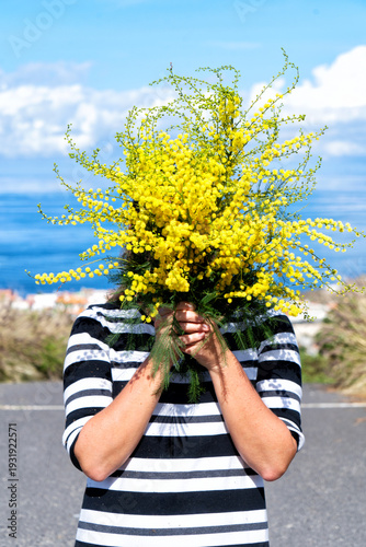Woman holding mimosa flowers bouquet, 8 march day festive background, mimose ...