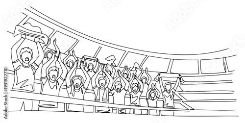 Single line drawing showing a crowd of enthusiastic fans cheering in a large stadium