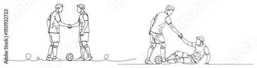 Continuous line art depicting soccer players shaking hands and showing sportsmanship on the field