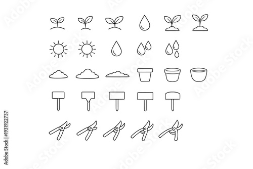 Gardening elements with plants, weather symbols, and tools for garden tasks in a simple design suitable for various projects