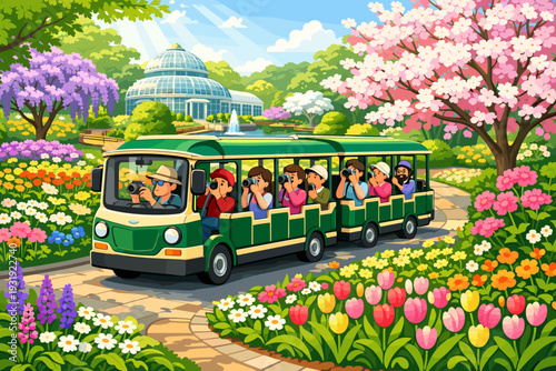 Tourists ride a green tram through a colorful garden on a sunny day in a botanical park with flowers and trees