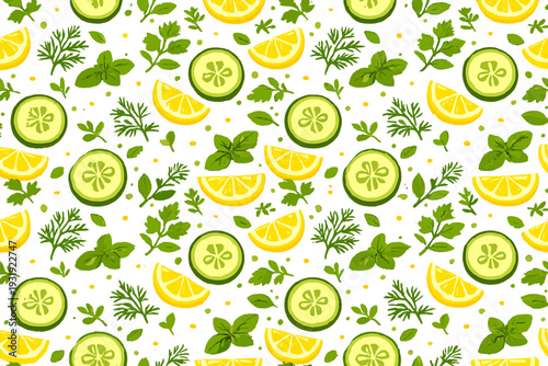 Fresh herbs and citrus fruits are arranged in a repeating pattern on a white background showing various shapes and colors