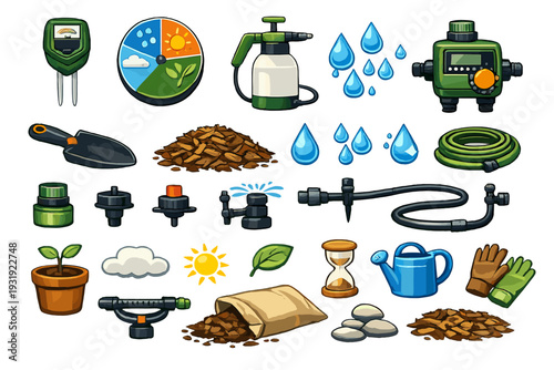 Gardening tools and supplies for outdoor gardening activities during spring season in a home garden setting