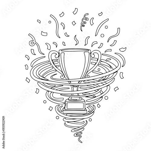 Vector line art illustration of championship trophy cup with confetti and swirling wind