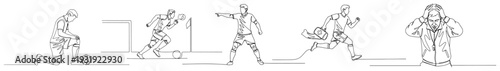 Continuous one line drawing sequence of professional soccer players in action during match
