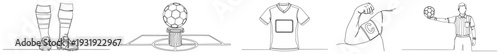 Continuous one line drawing collection of soccer elements including referee and captain armband