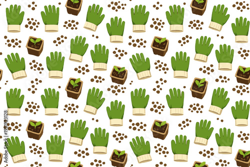 Pattern of gardening gloves and pots with soil on a white background for a fun gardening project