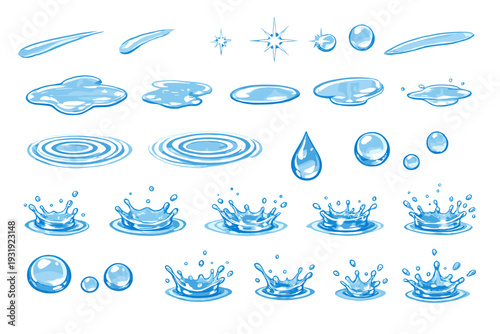 Water droplets and splash designs for various creative uses in illustrations and graphics