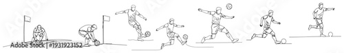 Sequence of soccer players in action during different game situations drawn in continuous one line