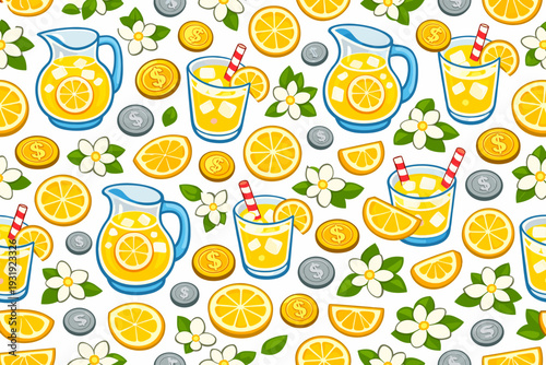 Bright lemon drink pattern with pitcher, glasses, flowers, and coins on a white background creating a fun summer vibe