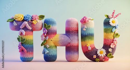 3D Knitted THU Abbreviation with Rainbow Stripes and Decorative Yarn Flowers for Thursday Weekend Countdown
