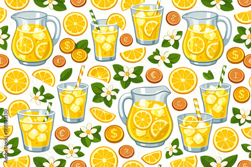 Fresh lemonade served in glasses and a pitcher with citrus fruits on a bright background