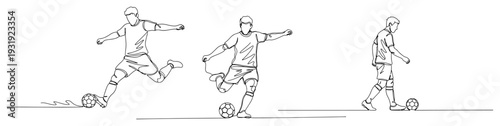 Collection of soccer players dribbling and kicking a ball in minimalist continuous line art