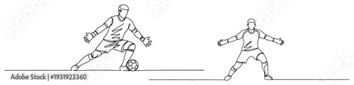 Continuous line drawing of soccer players in defensive positions during a football match