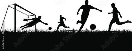 Soccer silhouettes, football players, goalkeeper dive, kicking ball, running athlete, sports action, dynamic game, team competition, vector illustration, athletic artwork