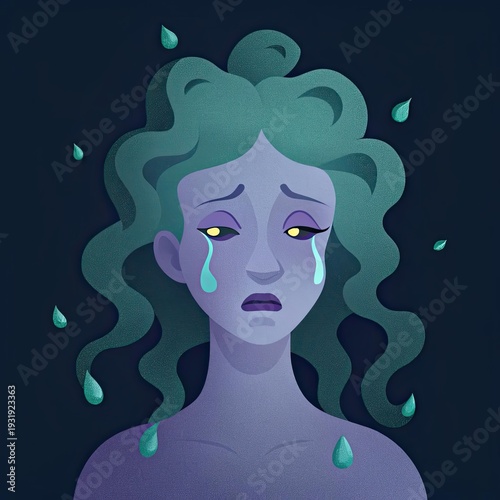 Medusa Gorgon Crying With Holo Tears Portraying Deep Emotion in a Dark Fantasy Artwork