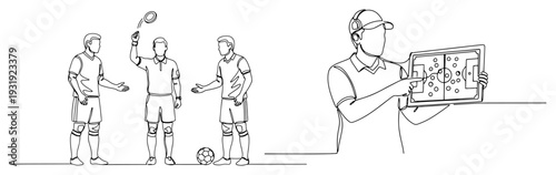 One continuous line illustration of a referee with players and a coach showing match tactics