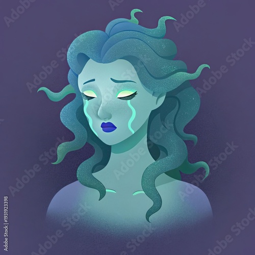 Medusa Gorgon With Holo Tears Expressing Deep Emotion in a Mystical Setting