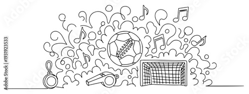 Creative continuous line illustration featuring a soccer ball goal whistle and musical elements