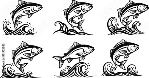 Jumping bass fish silhouettes vector set, dynamic freshwater sport fishing illustration with leaping fish and ocean wave splashes, black and white design collection