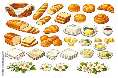 Baked goods and breakfast items arranged on a white background during the morning hours