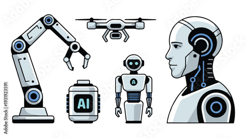 A vector illustration set of robot icons and web symbols for business and medical design featuring car and money signs