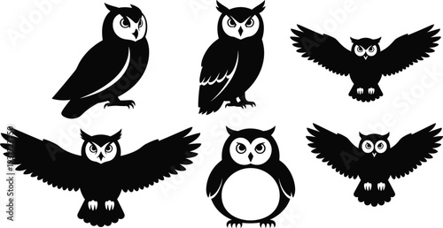 Owl silhouette vector collection, cute and realistic owls with spread wings and perched poses, black nocturnal bird clipart set