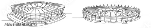 Modern soccer stadium architecture and arena structures in detailed minimalist line art