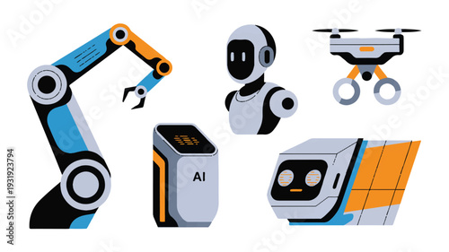 Industrial Automation and Artificial Intelligence Robotic Character Icon Set