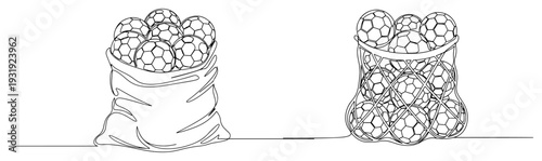One continuous line illustration of net bags full of soccer balls for practice