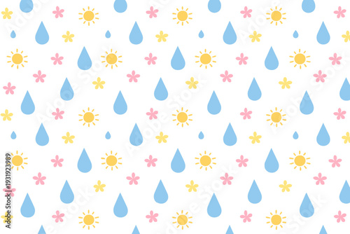 Pattern shows suns, rain drops, and flowers on a white background with bright colors that create a cheerful design for textiles or crafts