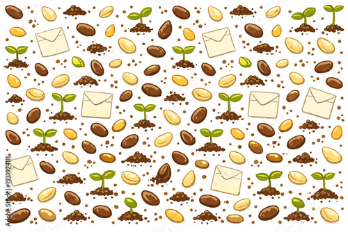 Seeds and plants grow in soil with envelopes placed around them during a gardening activity in spring