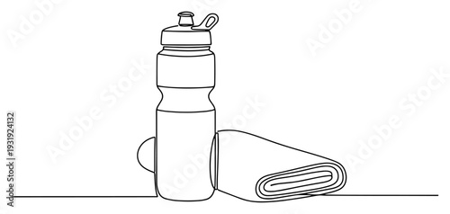 Continuous one line drawing of a sports water bottle and rolled towel
