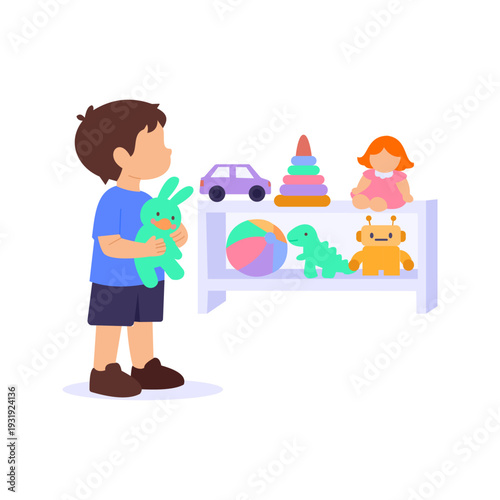 Choosing A Toy, Selecting best toy from store shelf, Flat vector character illustration