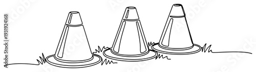 Continuous one line drawing of three sports training cones on grass