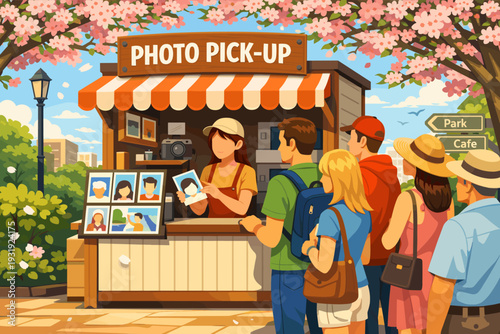 People wait in line at a photo pick-up stand in a park surrounded by cherry blossom trees on a sunny day
