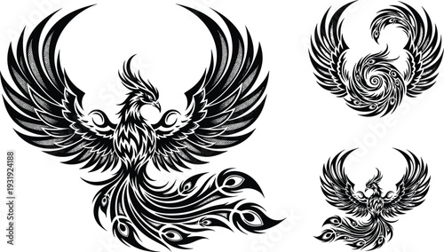 Phoenix bird tribal vector illustration set, mythical firebird with spread wings and ornate feather details, black fantasy tattoo design collection