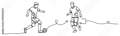 Continuous one line drawing of a soccer player dribbling the ball during match
