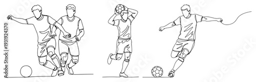 Set of soccer players dribbling and making a throw in drawn in continuous line art style