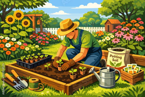Gardener plants young seedlings in a sunny garden in springtime while surrounded by flowers and tools for gardening tasks