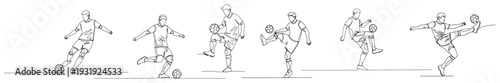 Soccer players juggling and controlling the ball illustrated in minimalist continuous line drawing