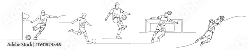 Soccer match moments featuring corner kicks and goalkeeper saves in one continuous line art