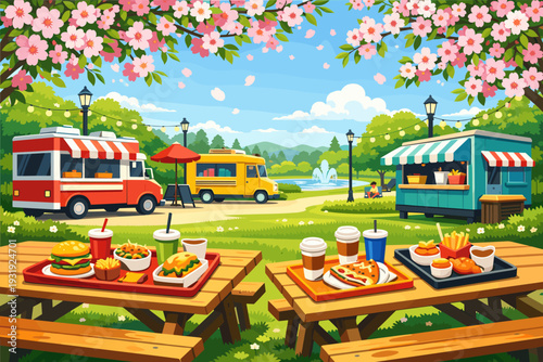 Food trucks serve meals in a park setting under blossoming trees during a sunny day