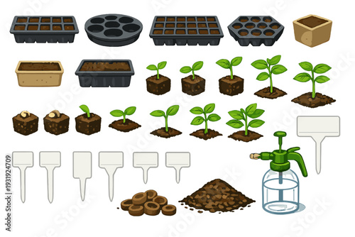 Preparation for planting seeds with tools and plant pots set up in a garden layout