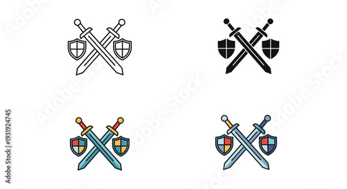 Four crossed swords with heraldic shields in a symmetrical arrangement
