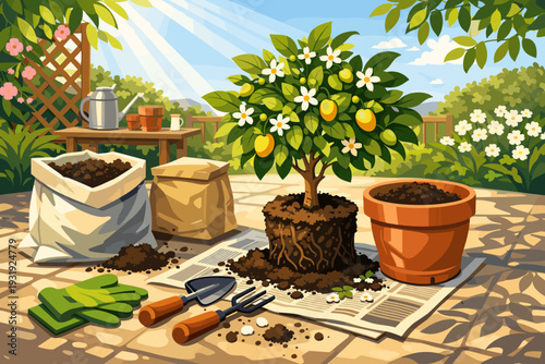 Gardening activity in the backyard with a lemon tree and tools in the afternoon sunlight